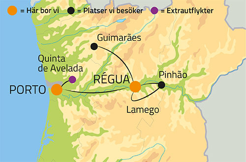 Geografisk karta ver Porto och Dourodalen i Portugal.